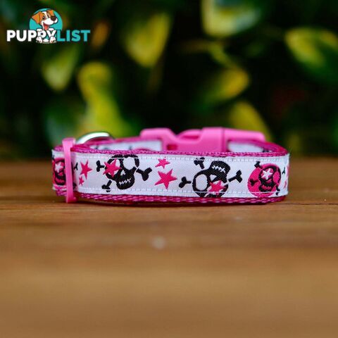 Skulls & Stars Dog Collar - Hand Made by The Bark Side - TBSSKUMEDPNK