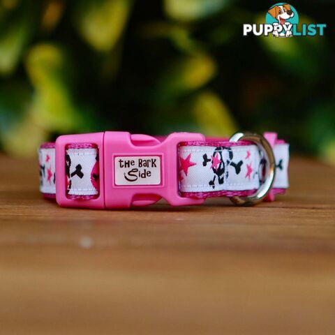 Skulls & Stars Dog Collar - Hand Made by The Bark Side - TBSSKUMEDPNK