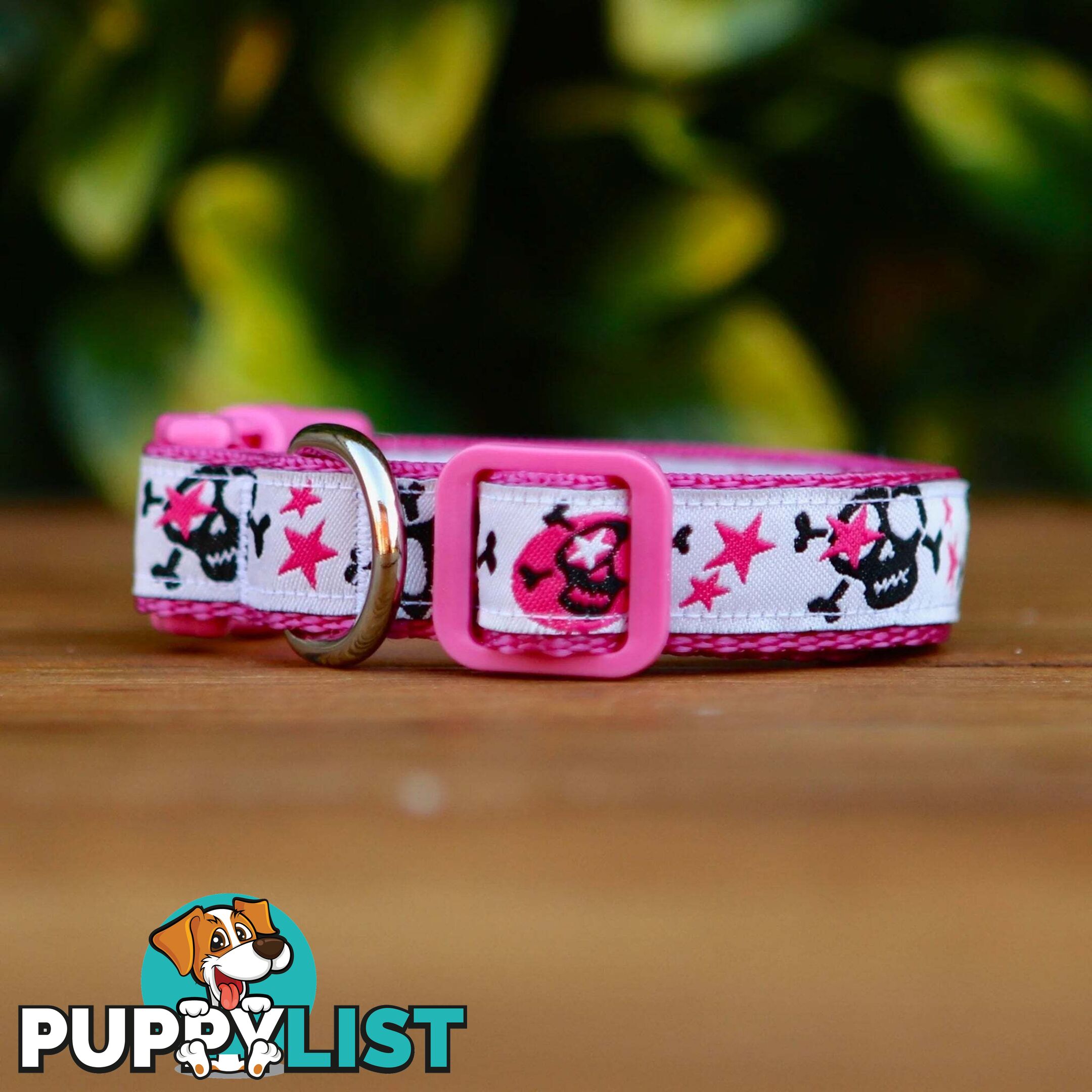 Skulls & Stars Dog Collar - Hand Made by The Bark Side - TBSSKUMEDPNK