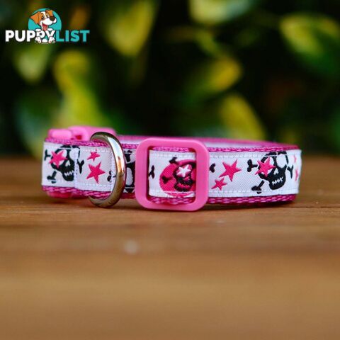 Skulls & Stars Dog Collar - Hand Made by The Bark Side - TBSSKUMEDPNK