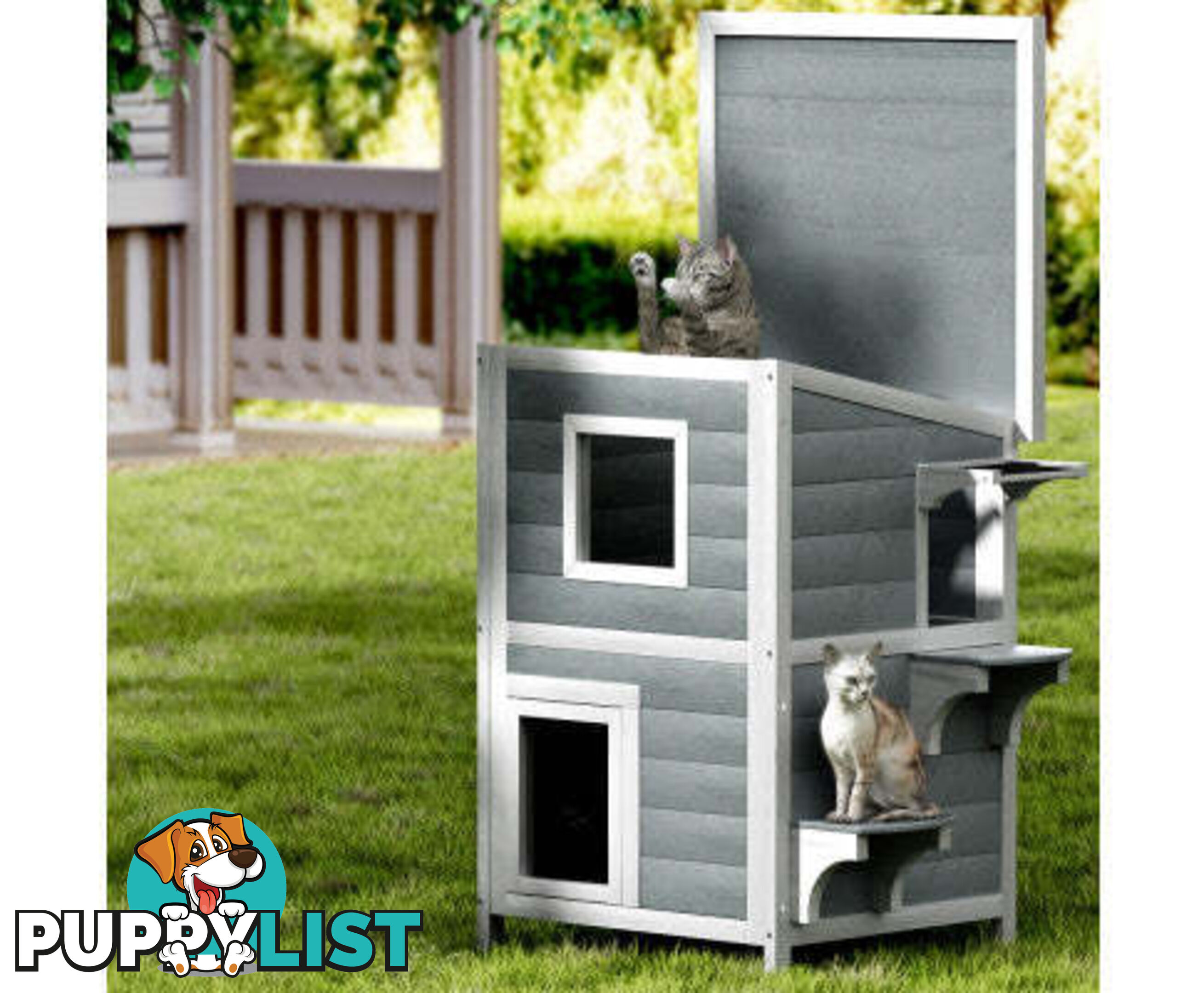i.Pet Cat House Outdoor Shelter 56cm x 52cm x 82cm Rabbit Hutch Wooden Condo Small Dog Pet Enclosure - PET-CH-81-GR