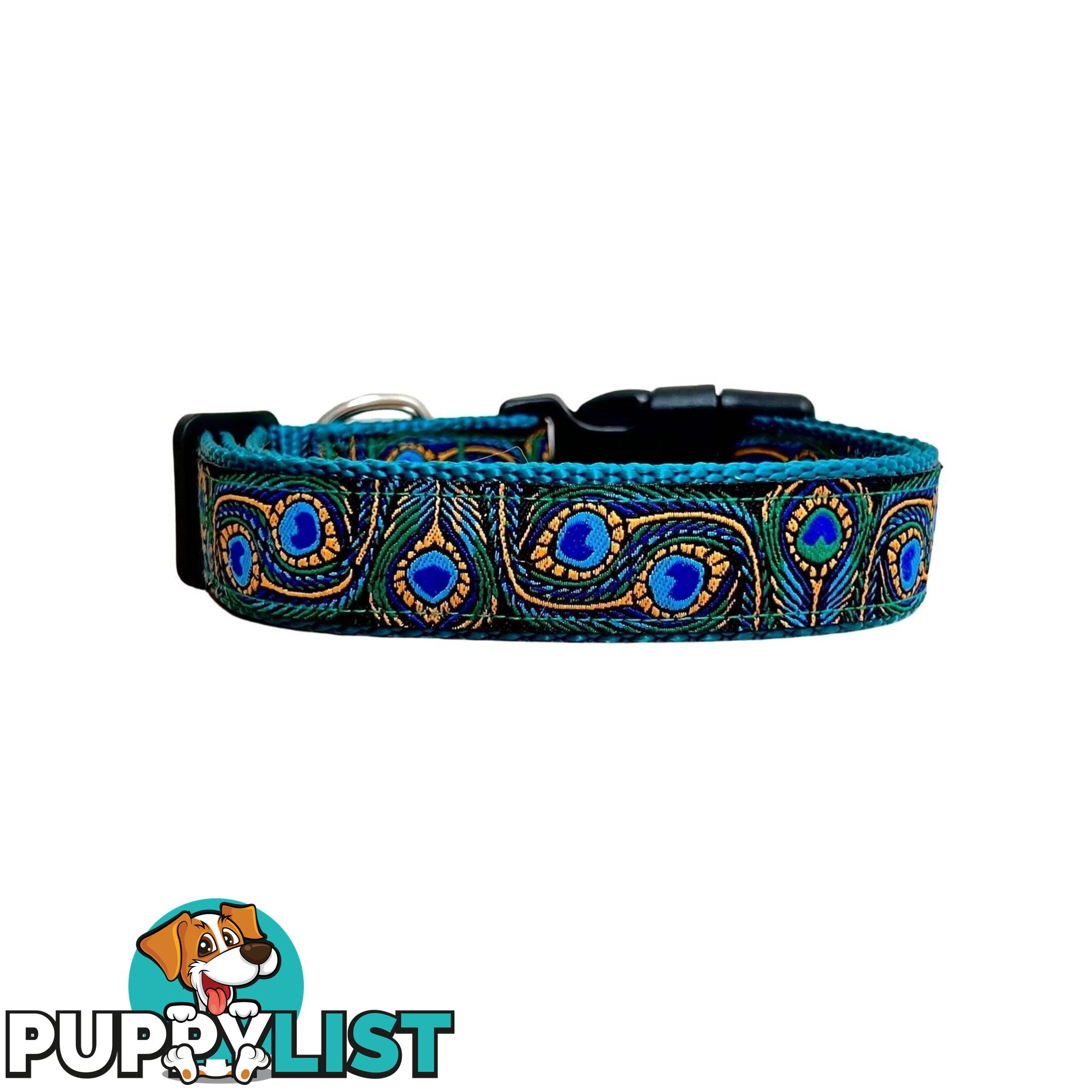Peacock Feather Dog Collar - Hand Made by The Bark Side - TBSPEAMEDBLU