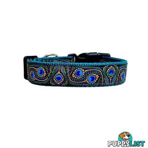 Peacock Feather Dog Collar - Hand Made by The Bark Side - TBSPEAMEDBLU