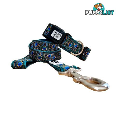 Peacock Feather Dog Collar - Hand Made by The Bark Side - TBSPEAMEDBLU
