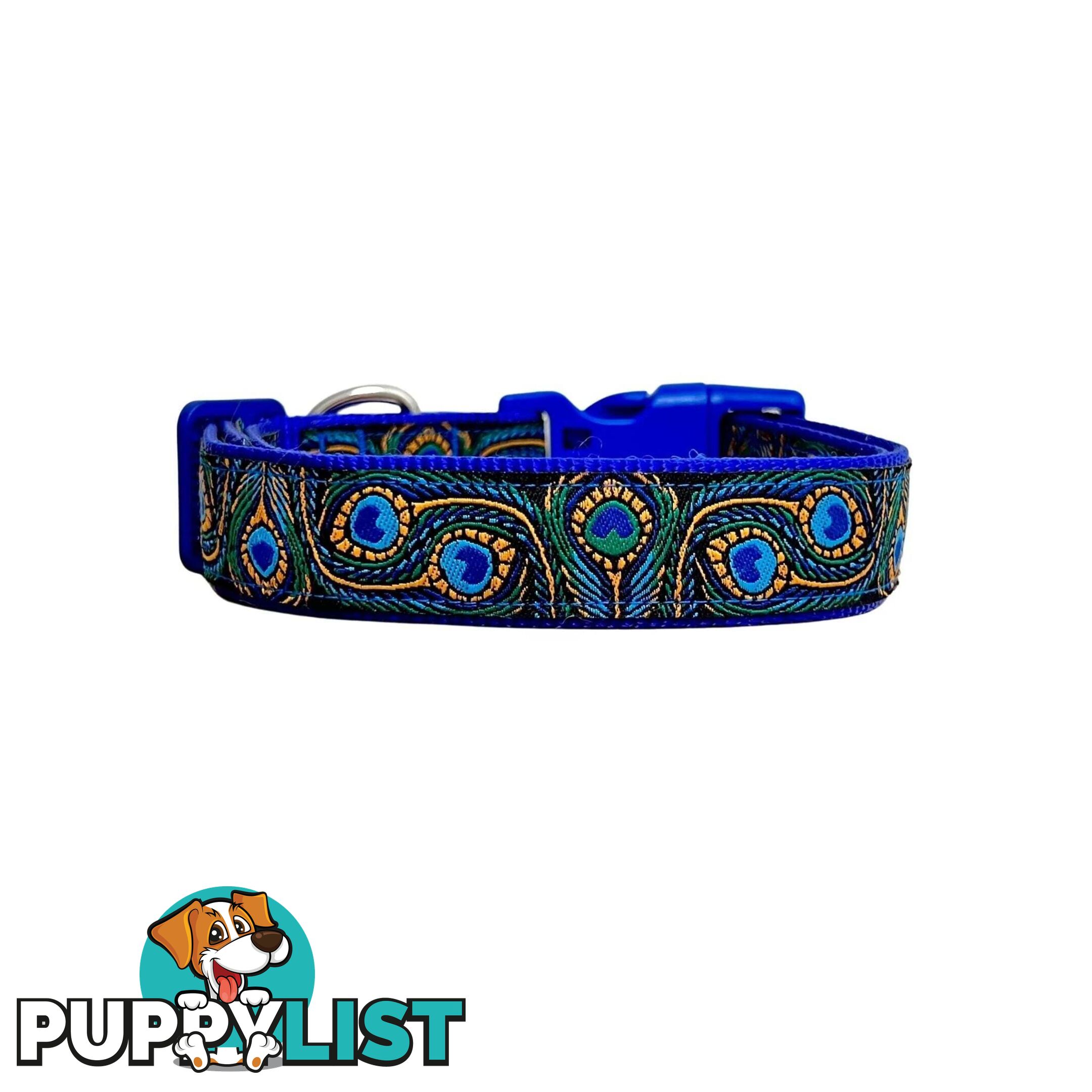 Peacock Feather Dog Collar - Hand Made by The Bark Side - TBSPEAMEDBLU