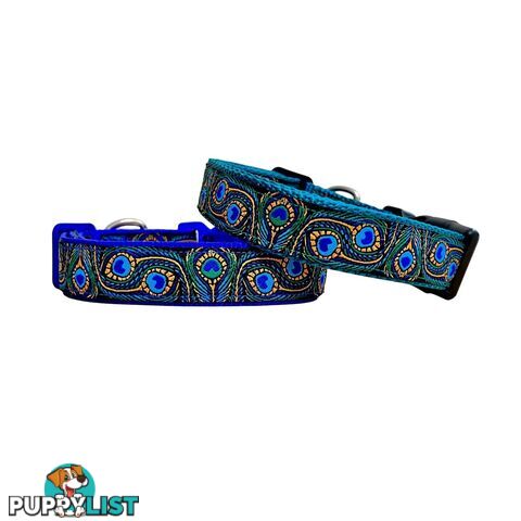 Peacock Feather Dog Collar - Hand Made by The Bark Side - TBSPEAMEDBLU