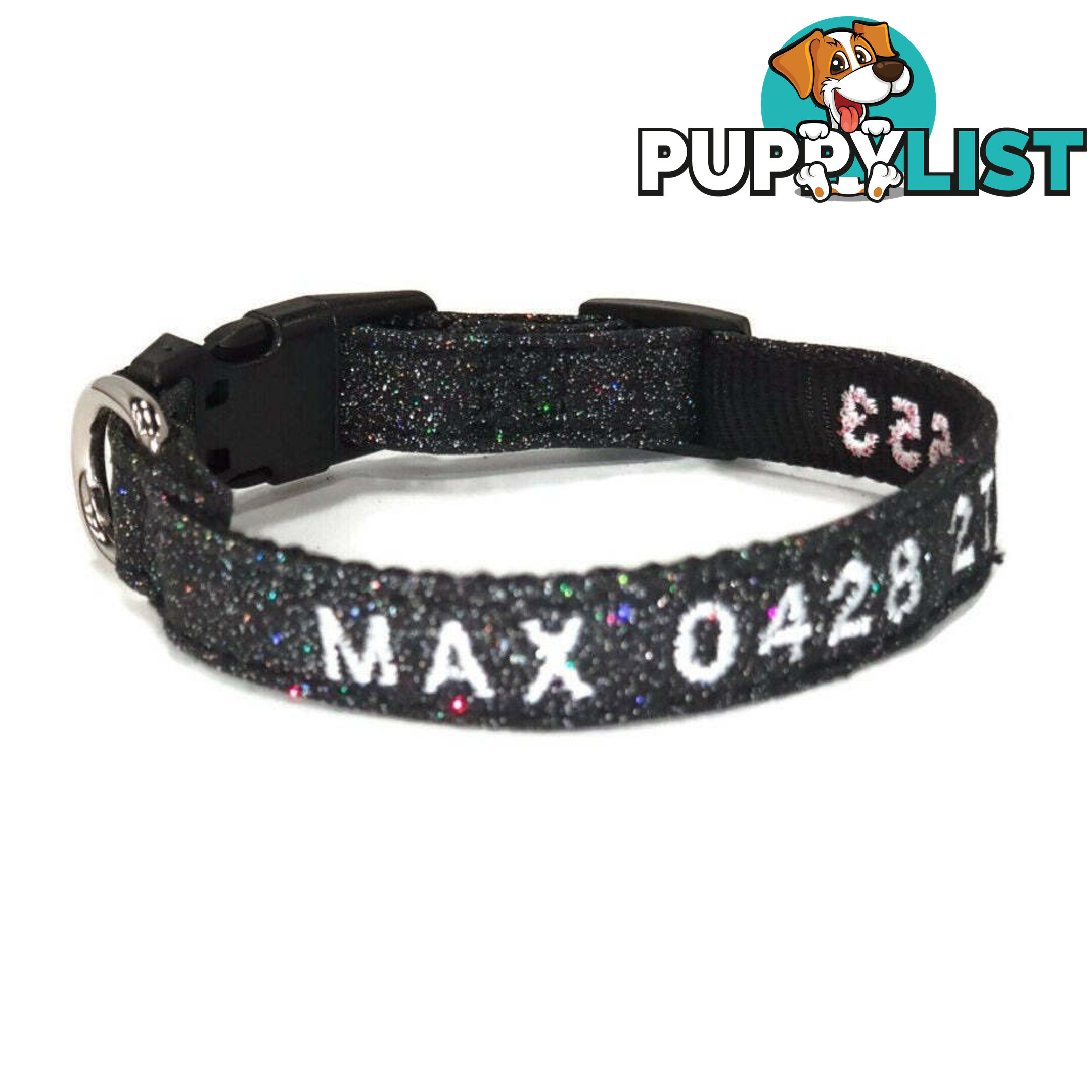 Doggie ID Collar - Bling Glitter Overlay Nylon Collar, Embroidered Personised Custom. - GC-DIC-BLING-M-LPNK
