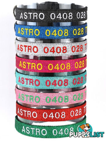 Doggie ID Collar - Bling Glitter Overlay Nylon Collar, Embroidered Personised Custom. - GC-DIC-BLING-M-LPNK