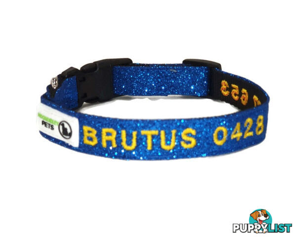 Doggie ID Collar - Bling Glitter Overlay Nylon Collar, Embroidered Personised Custom. - GC-DIC-BLING-M-LPNK