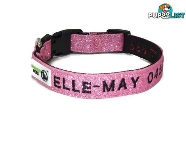 Doggie ID Collar - Bling Glitter Overlay Nylon Collar, Embroidered Personised Custom. - GC-DIC-BLING-M-LPNK