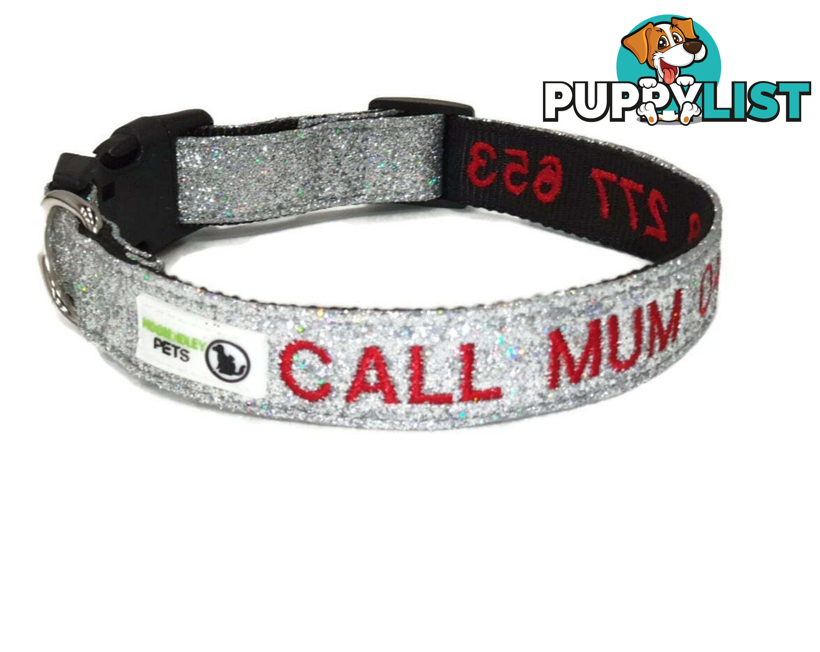 Doggie ID Collar - Bling Glitter Overlay Nylon Collar, Embroidered Personised Custom. - GC-DIC-BLING-M-LPNK