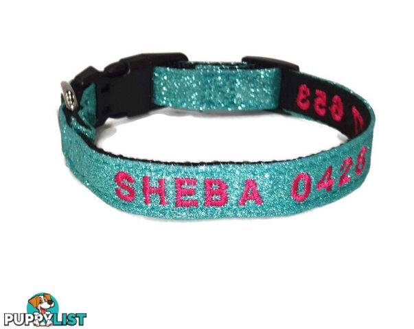 Doggie ID Collar - Bling Glitter Overlay Nylon Collar, Embroidered Personised Custom. - GC-DIC-BLING-M-LPNK