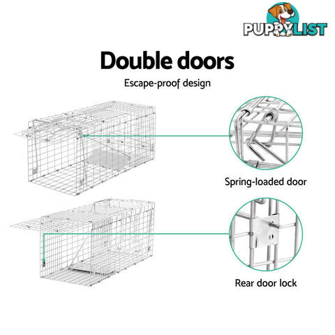 Humane Animal Trap Cage 66 x 23 x 25cm  - Silver - TRAP-CAGE-6623