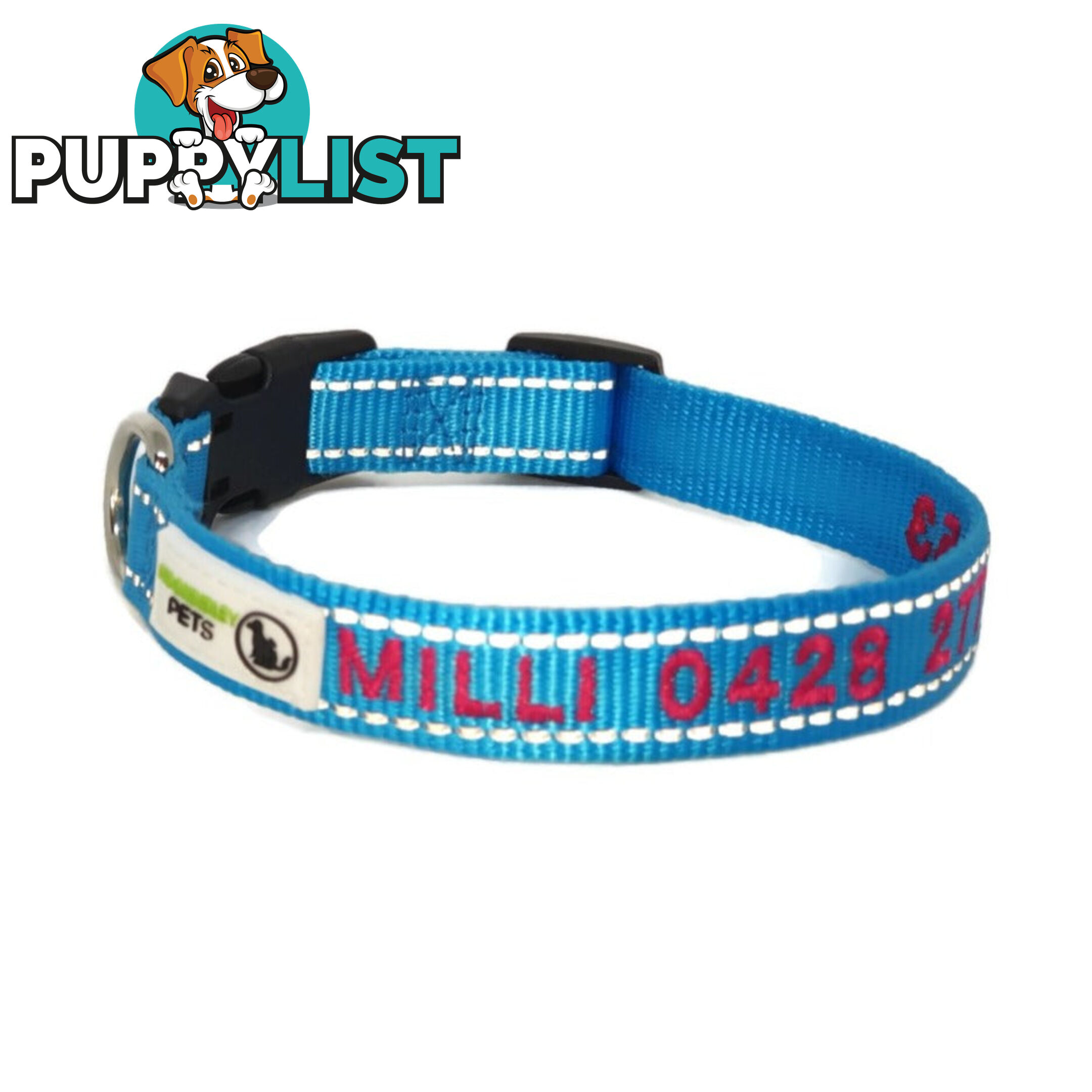 Doggie ID Collar Nylon w/Reflective Stitching Embroidered Personalised Custom. - GC-DIC-031-L-TUR