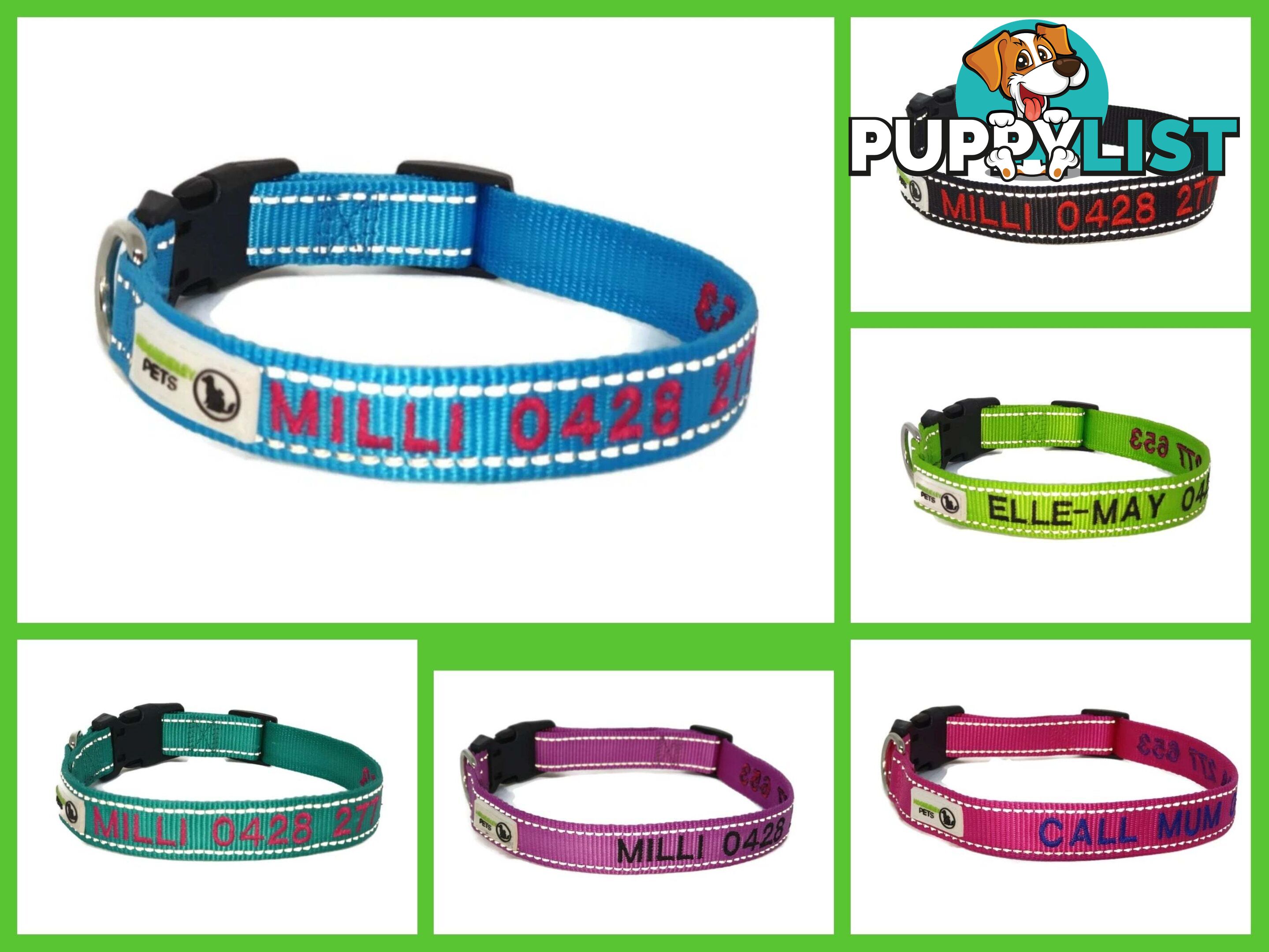 Doggie ID Collar Nylon w/Reflective Stitching Embroidered Personalised Custom. - GC-DIC-031-L-TUR