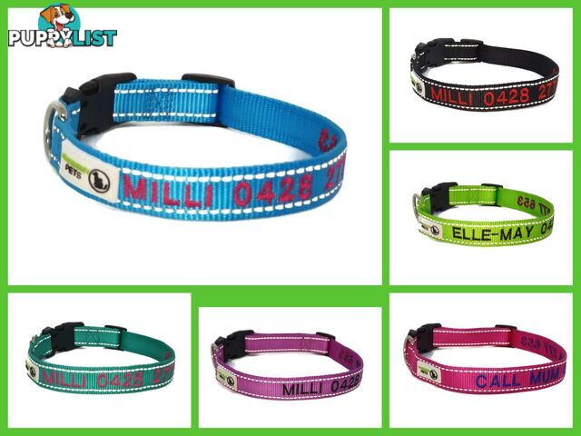 Doggie ID Collar Nylon w/Reflective Stitching Embroidered Personalised Custom. - GC-DIC-031-L-TUR
