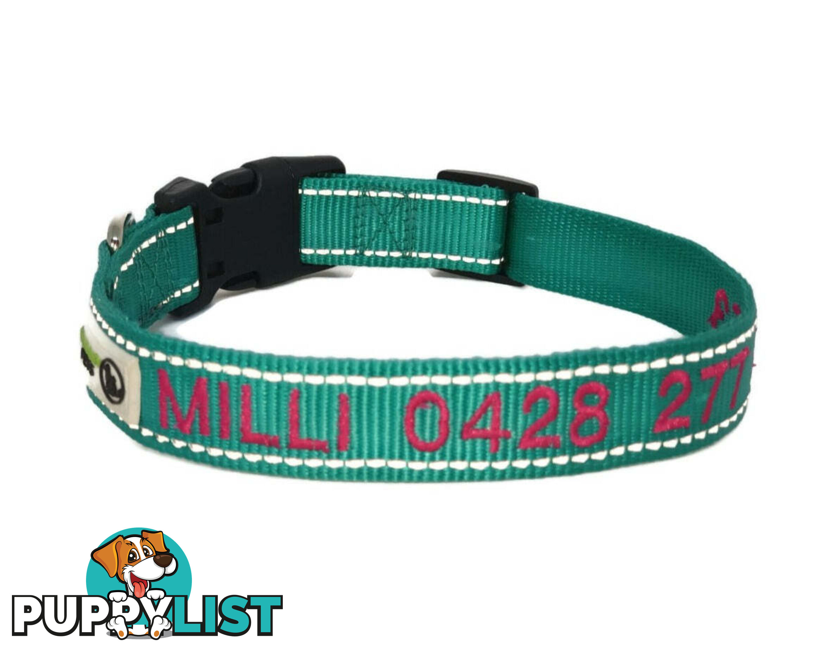 Doggie ID Collar Nylon w/Reflective Stitching Embroidered Personalised Custom. - GC-DIC-031-L-TUR