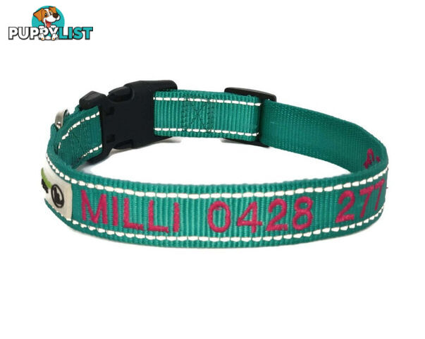 Doggie ID Collar Nylon w/Reflective Stitching Embroidered Personalised Custom. - GC-DIC-031-L-TUR