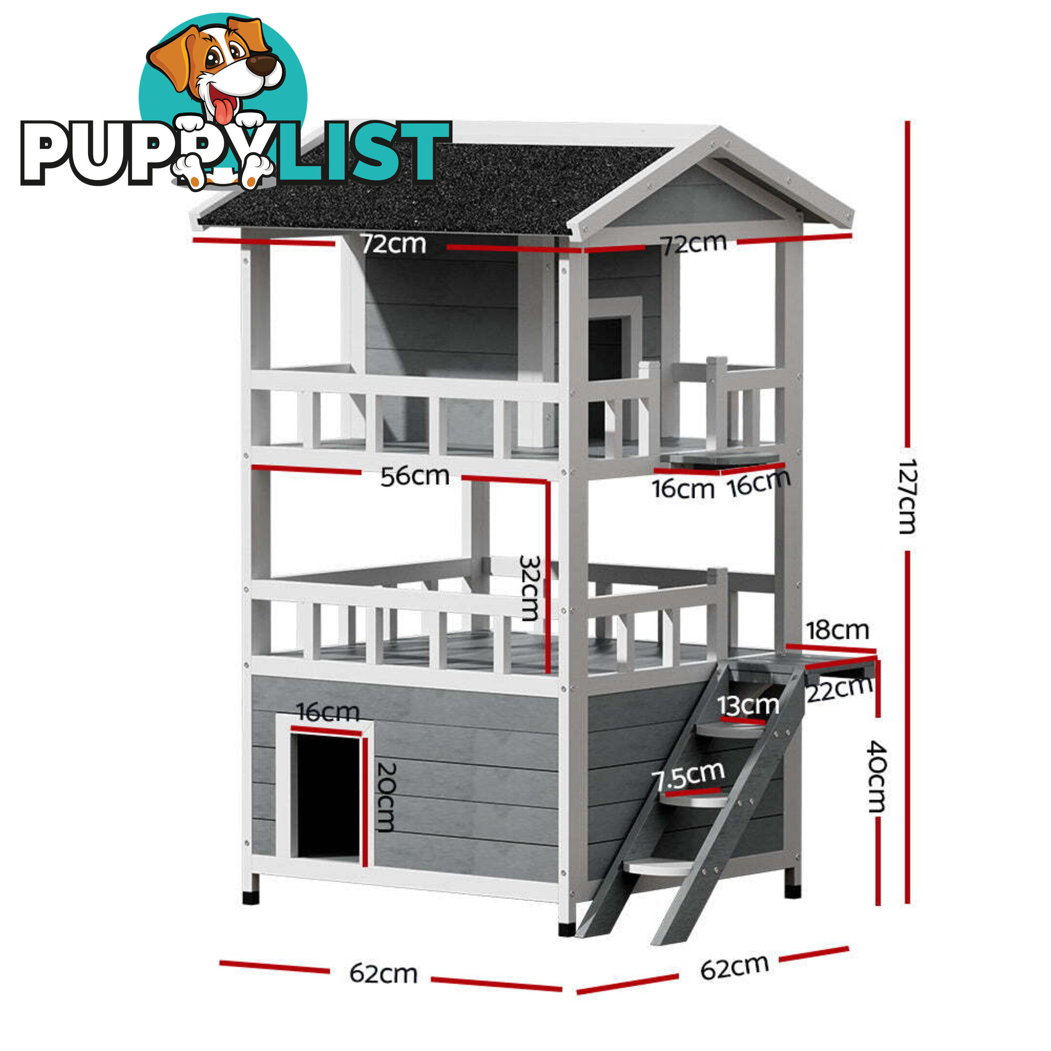 i.Pet Cat House Outdoor Shelter 72cm x 72cm x 127cm Rabbit Hutch Wooden Condo Small Dog Pet Houses Enclosure - PET-CH-R126-GR-AB