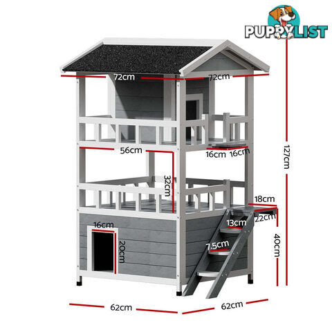 i.Pet Cat House Outdoor Shelter 72cm x 72cm x 127cm Rabbit Hutch Wooden Condo Small Dog Pet Houses Enclosure - PET-CH-R126-GR-AB