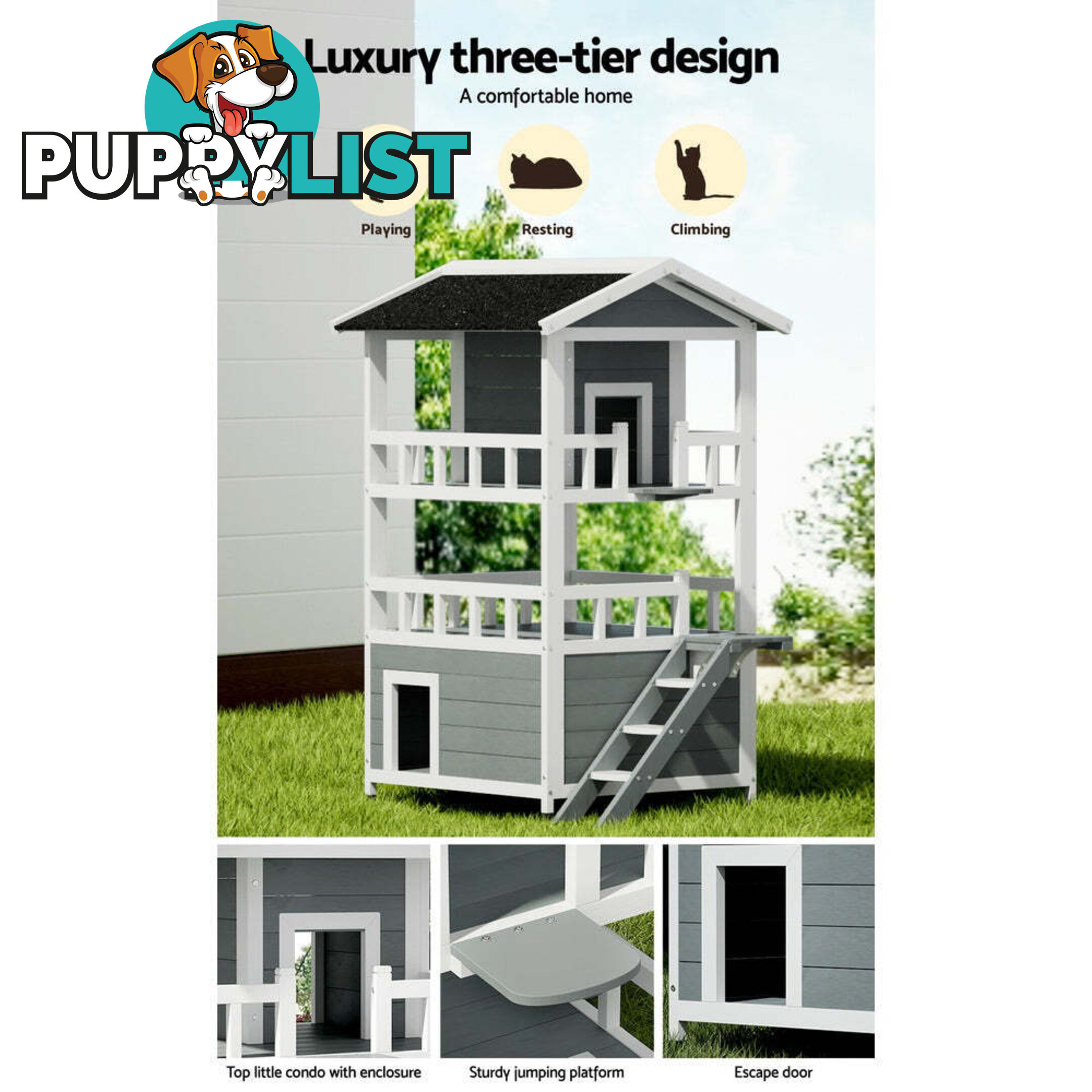i.Pet Cat House Outdoor Shelter 72cm x 72cm x 127cm Rabbit Hutch Wooden Condo Small Dog Pet Houses Enclosure - PET-CH-R126-GR-AB