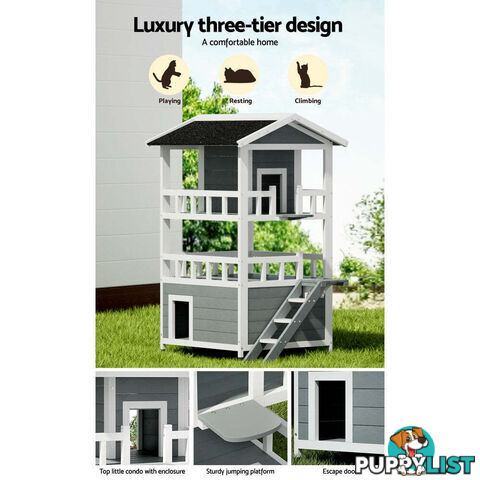 i.Pet Cat House Outdoor Shelter 72cm x 72cm x 127cm Rabbit Hutch Wooden Condo Small Dog Pet Houses Enclosure - PET-CH-R126-GR-AB