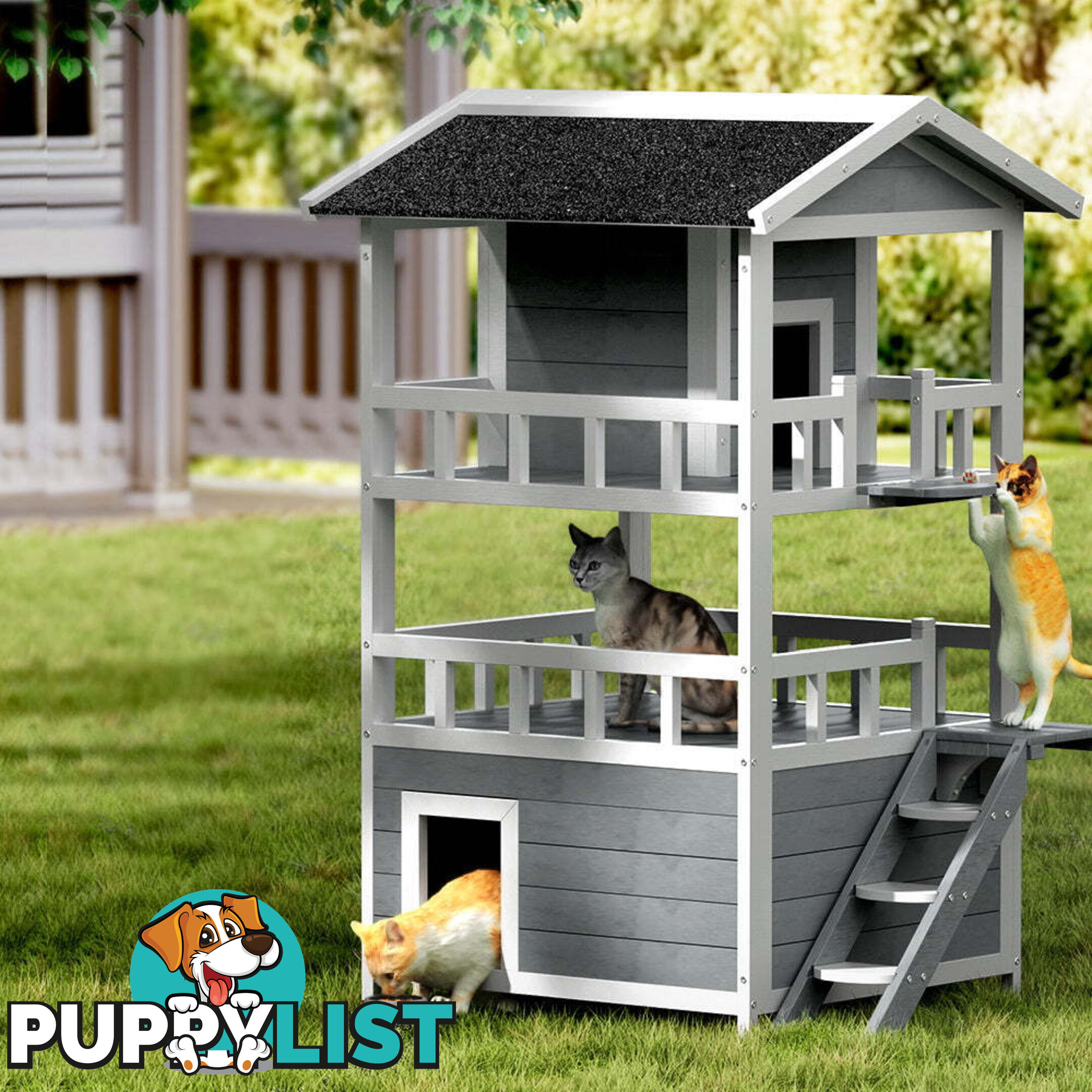 i.Pet Cat House Outdoor Shelter 72cm x 72cm x 127cm Rabbit Hutch Wooden Condo Small Dog Pet Houses Enclosure - PET-CH-R126-GR-AB