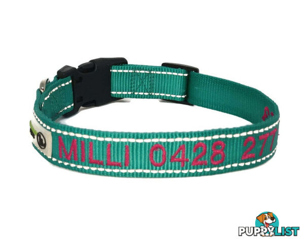 Doggie ID Collar Nylon w/Reflective Stitching Embroidered Personalised Custom. - GC-DIC-031-XS-LBLU