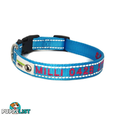 Doggie ID Collar Nylon w/Reflective Stitching Embroidered Personalised Custom. - GC-DIC-031-XS-LBLU