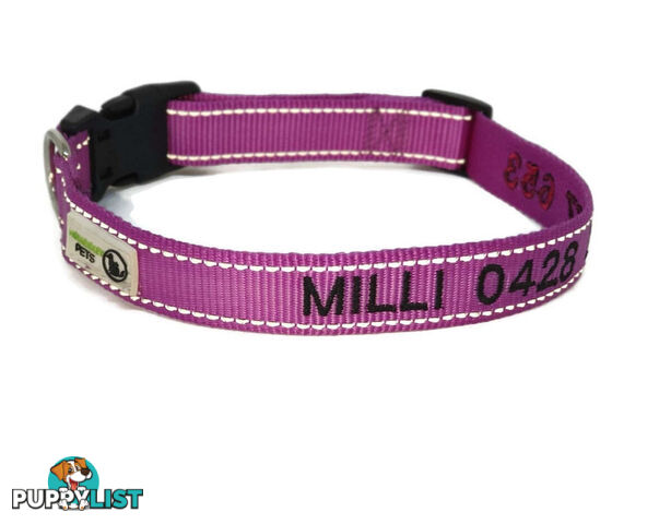 Doggie ID Collar Nylon w/Reflective Stitching Embroidered Personalised Custom. - GC-DIC-031-M-PUR