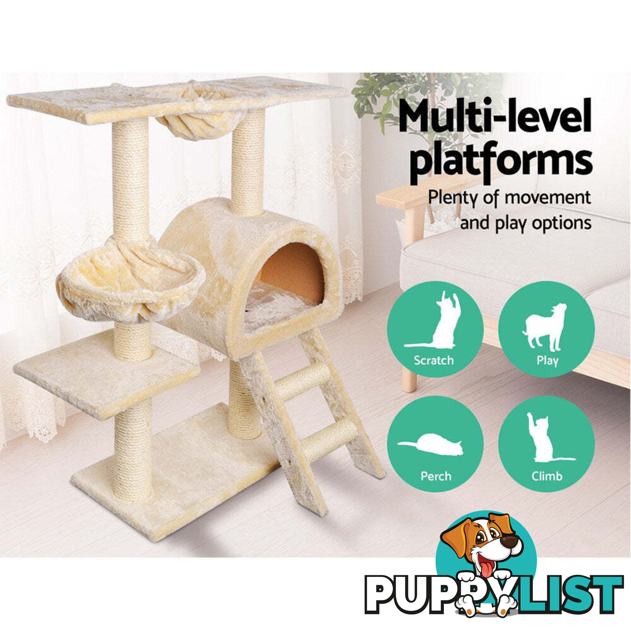 i.Pet Cat Tree 100cm Tower Scratching Post Scratcher Condo House Trees Bed Beige - PET-CAT-HSCT003-BE