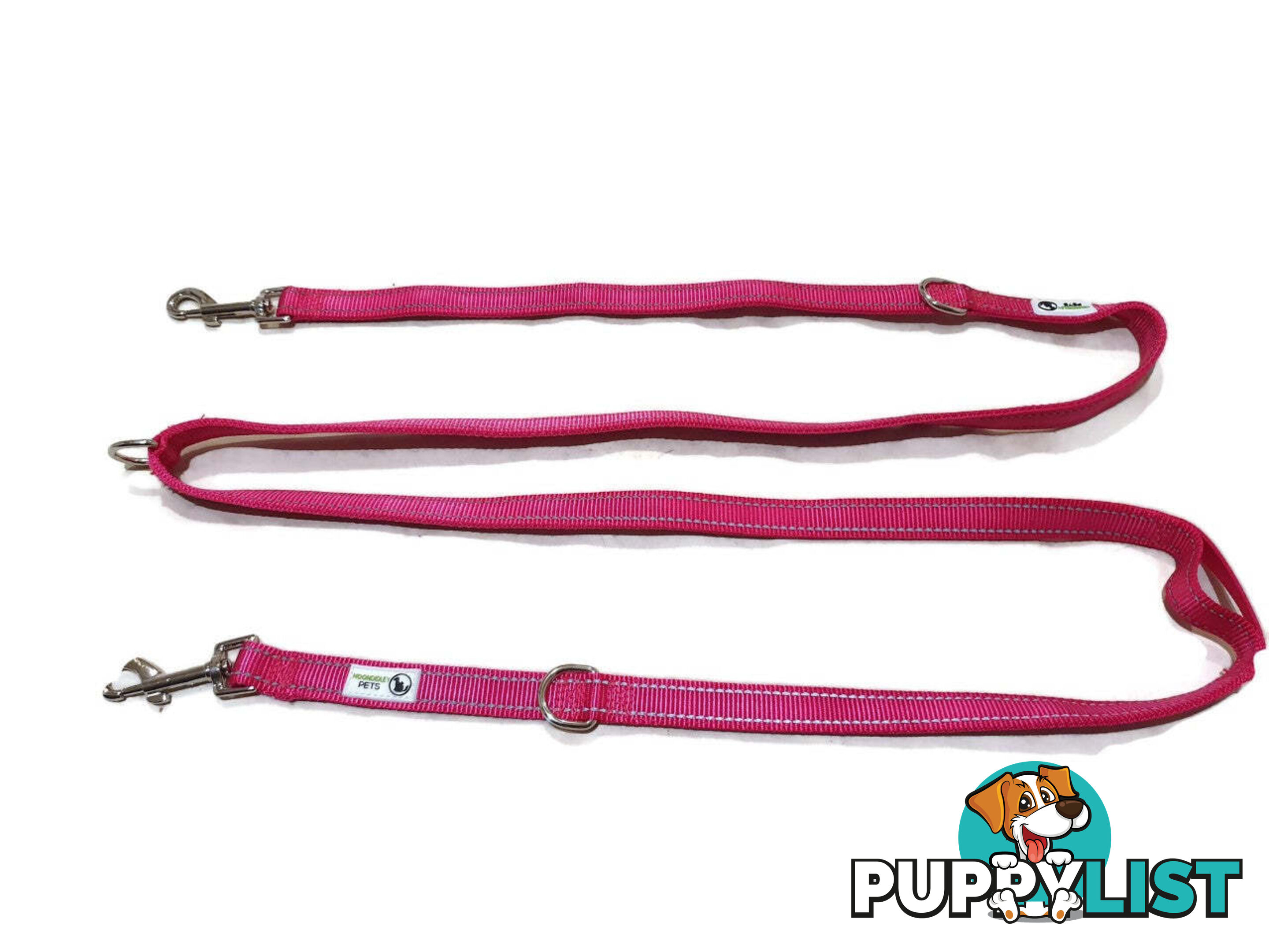 Multi Dog Lead - Nylon w/Reflective Stitching - Double Clip ,Coupler, Waist Belt, Short/Long, Quicktie Moondidley Pets - MDPLDMUL25PNK