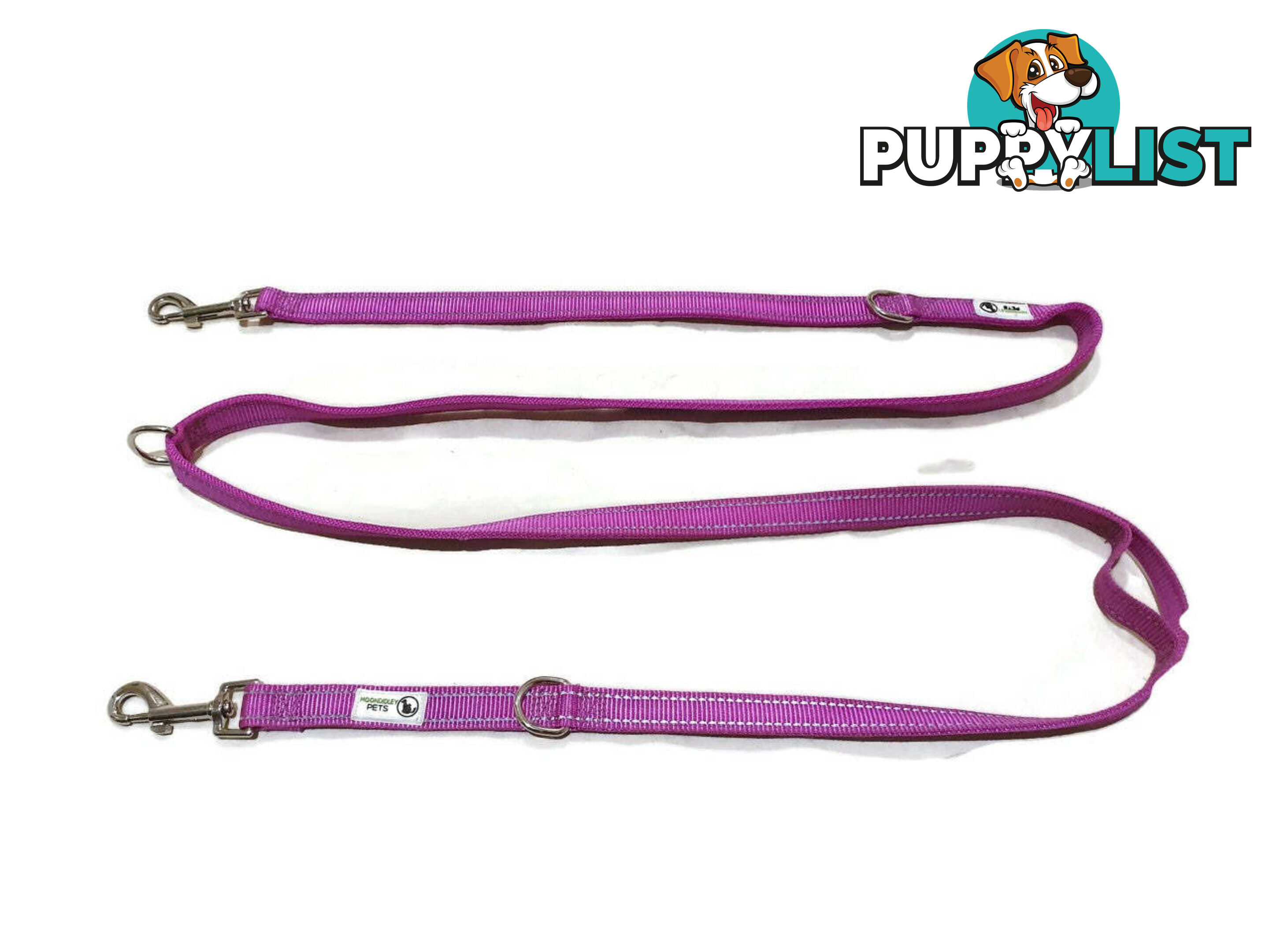 Multi Dog Lead - Nylon w/Reflective Stitching - Double Clip ,Coupler, Waist Belt, Short/Long, Quicktie Moondidley Pets - MDPLDMUL25PNK