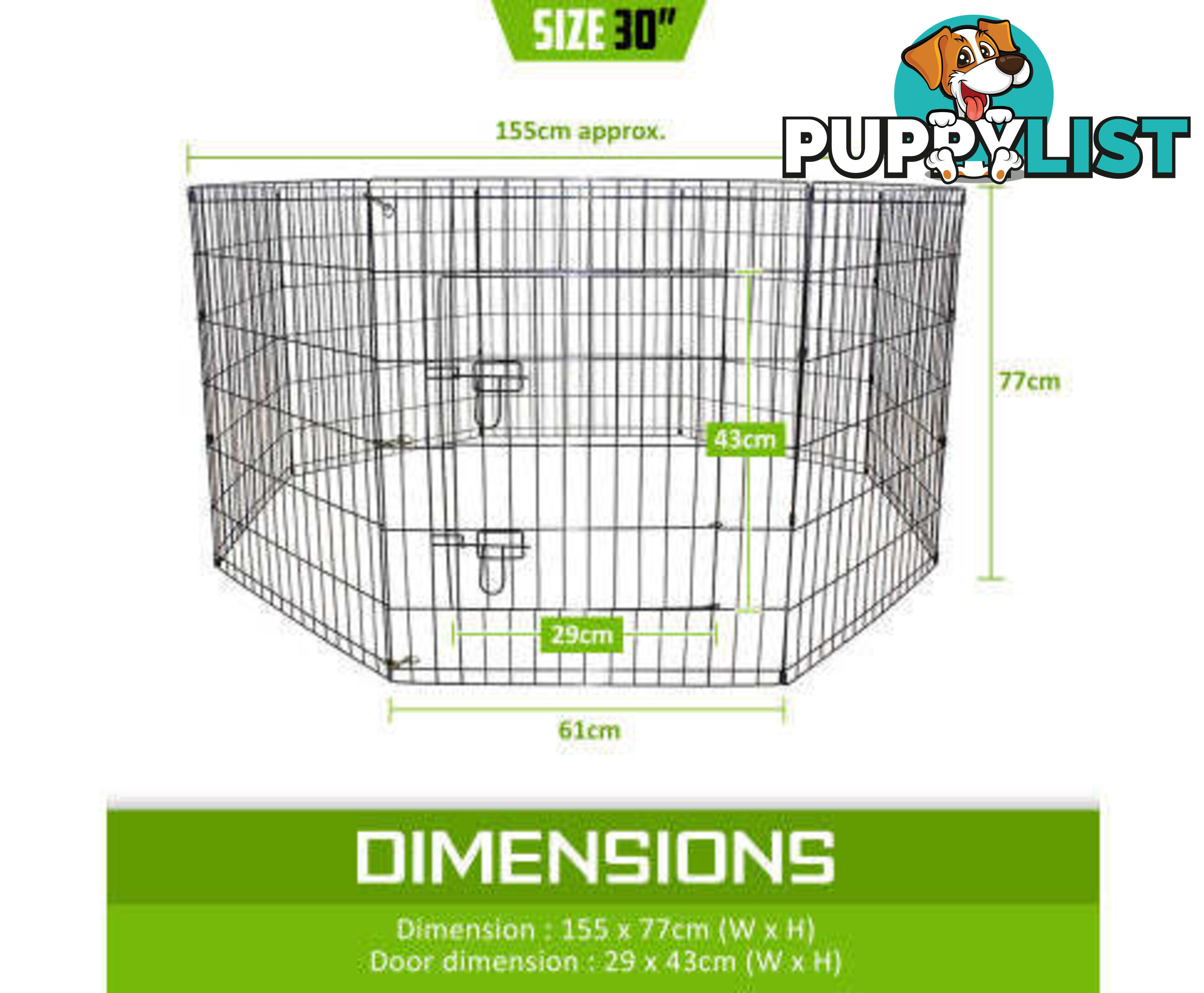 Paw Mate Pet Playpen 8 Panel Foldable Dog Cage + Cover - V274-PET-PP30-PPCV30-GN