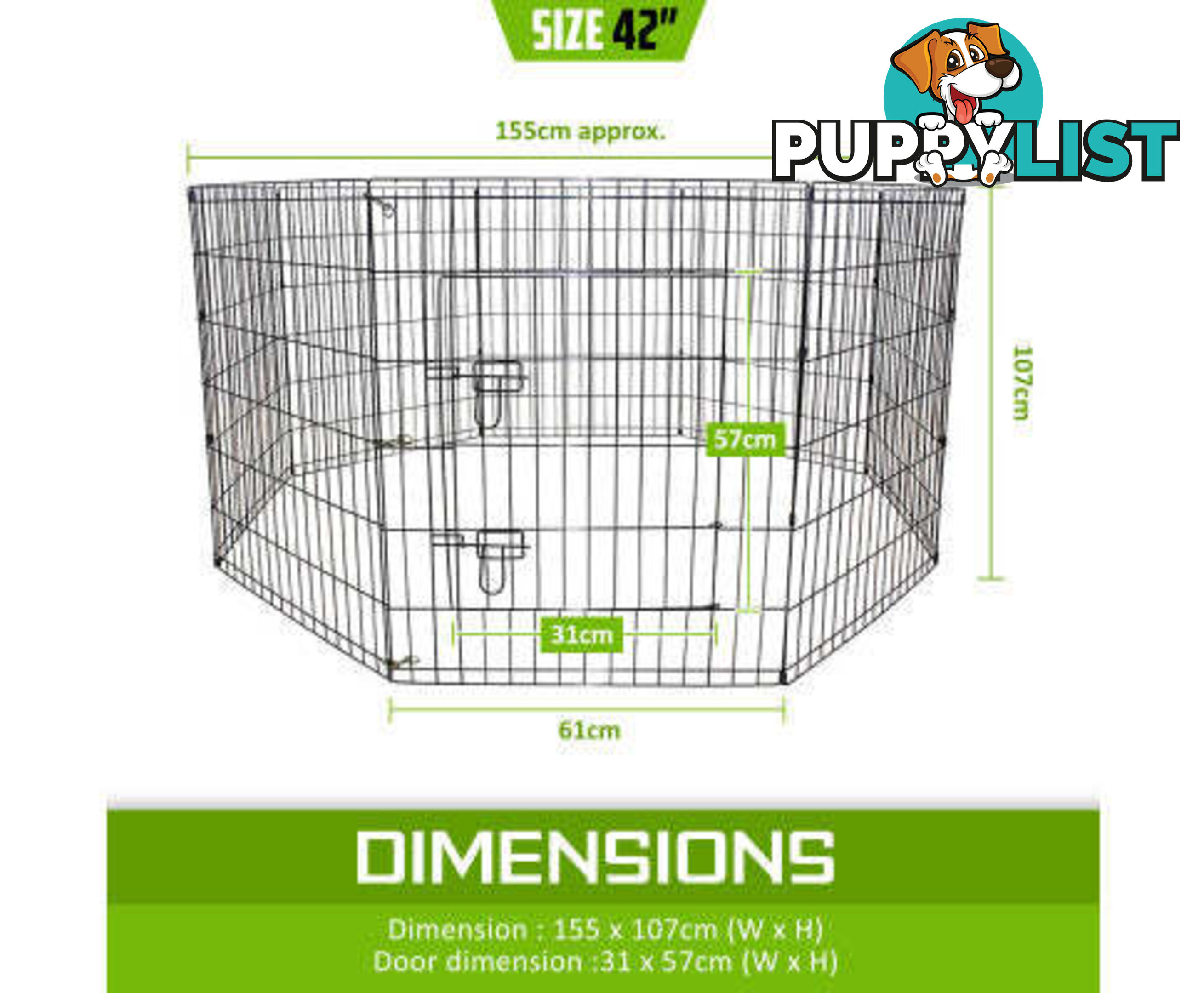 Paw Mate Pet Playpen 8 Panel Foldable Dog Cage + Cover - V274-PET-PP42-PPCV42-GN