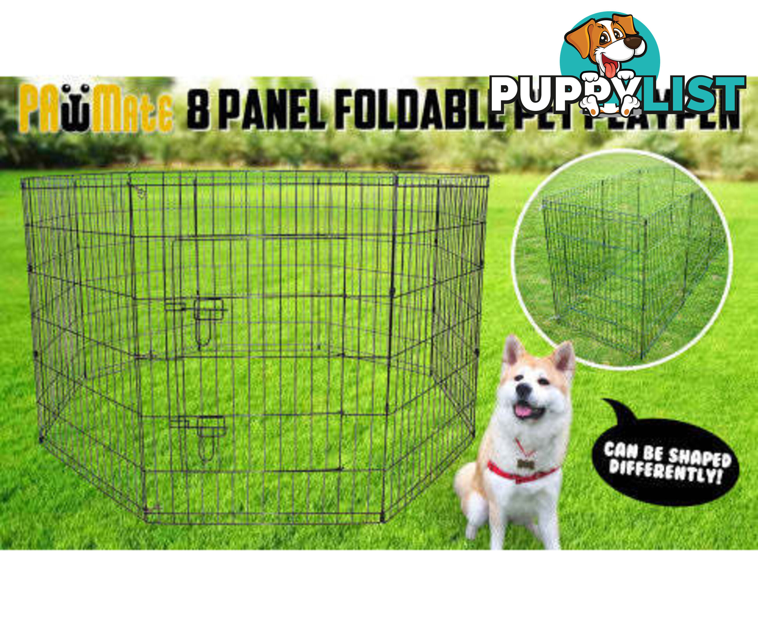 Paw Mate Pet Playpen 8 Panel Foldable Dog Cage + Cover - V274-PET-PP42-PPCV42-GN