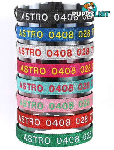 Doggie ID Collar - Bling Glitter Overlay Nylon Collar, Embroidered Personised Custom. - GC-DIC-BLING-L-GRN