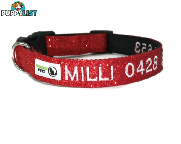 Doggie ID Collar - Bling Glitter Overlay Nylon Collar, Embroidered Personised Custom. - GC-DIC-BLING-L-GRN