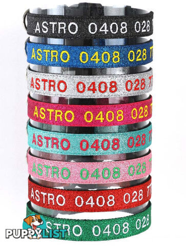 Doggie ID Collar - Bling Glitter Overlay Nylon Collar, Embroidered Personised Custom. - GC-DIC-BLING-L-GRN
