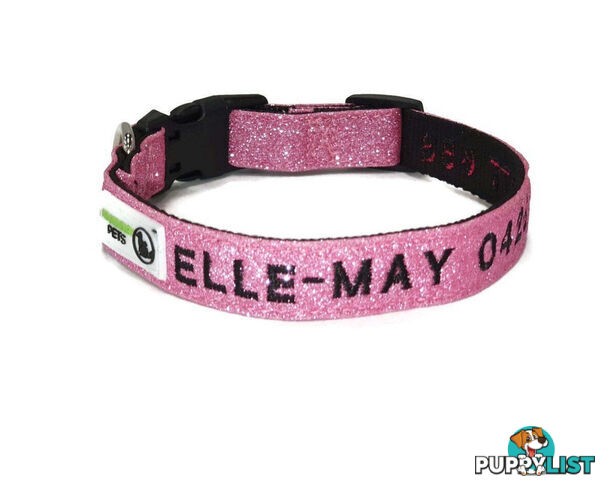 Doggie ID Collar - Bling Glitter Overlay Nylon Collar, Embroidered Personised Custom. - GC-DIC-BLING-L-GRN