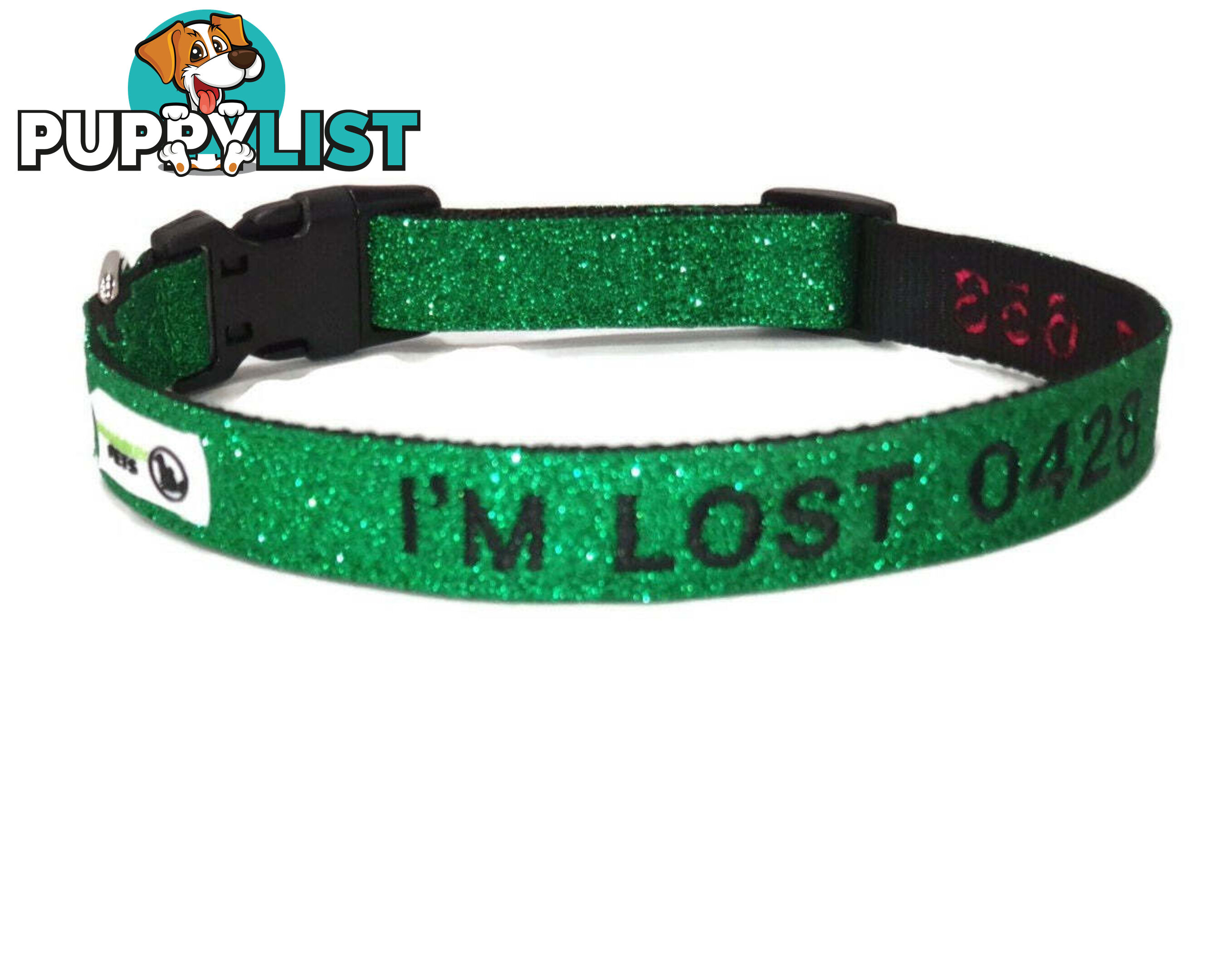 Doggie ID Collar - Bling Glitter Overlay Nylon Collar, Embroidered Personised Custom. - GC-DIC-BLING-L-GRN