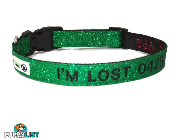 Doggie ID Collar - Bling Glitter Overlay Nylon Collar, Embroidered Personised Custom. - GC-DIC-BLING-L-GRN
