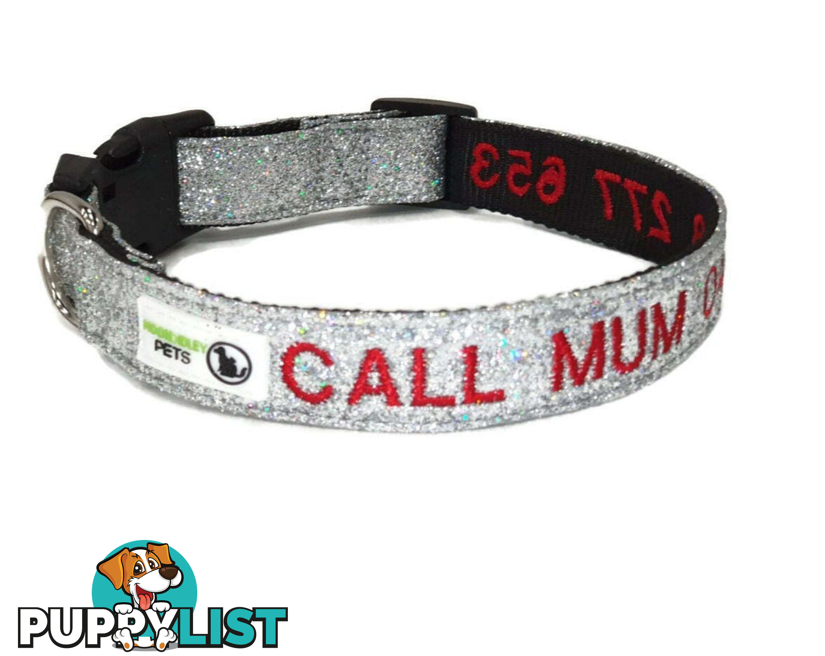 Doggie ID Collar - Bling Glitter Overlay Nylon Collar, Embroidered Personised Custom. - GC-DIC-BLING-L-GRN