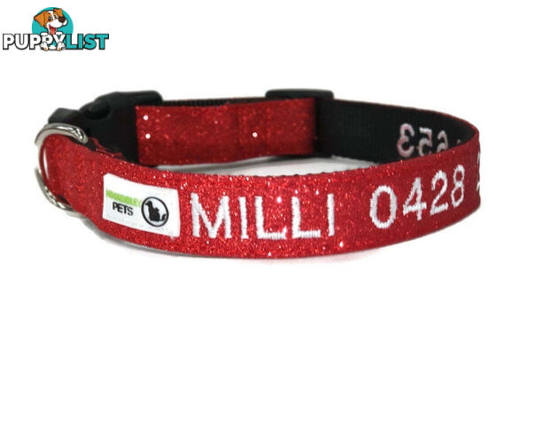 Doggie ID Collar - Bling Glitter Overlay Nylon Collar, Embroidered Personised Custom. - GC-DIC-BLING-L-SLV
