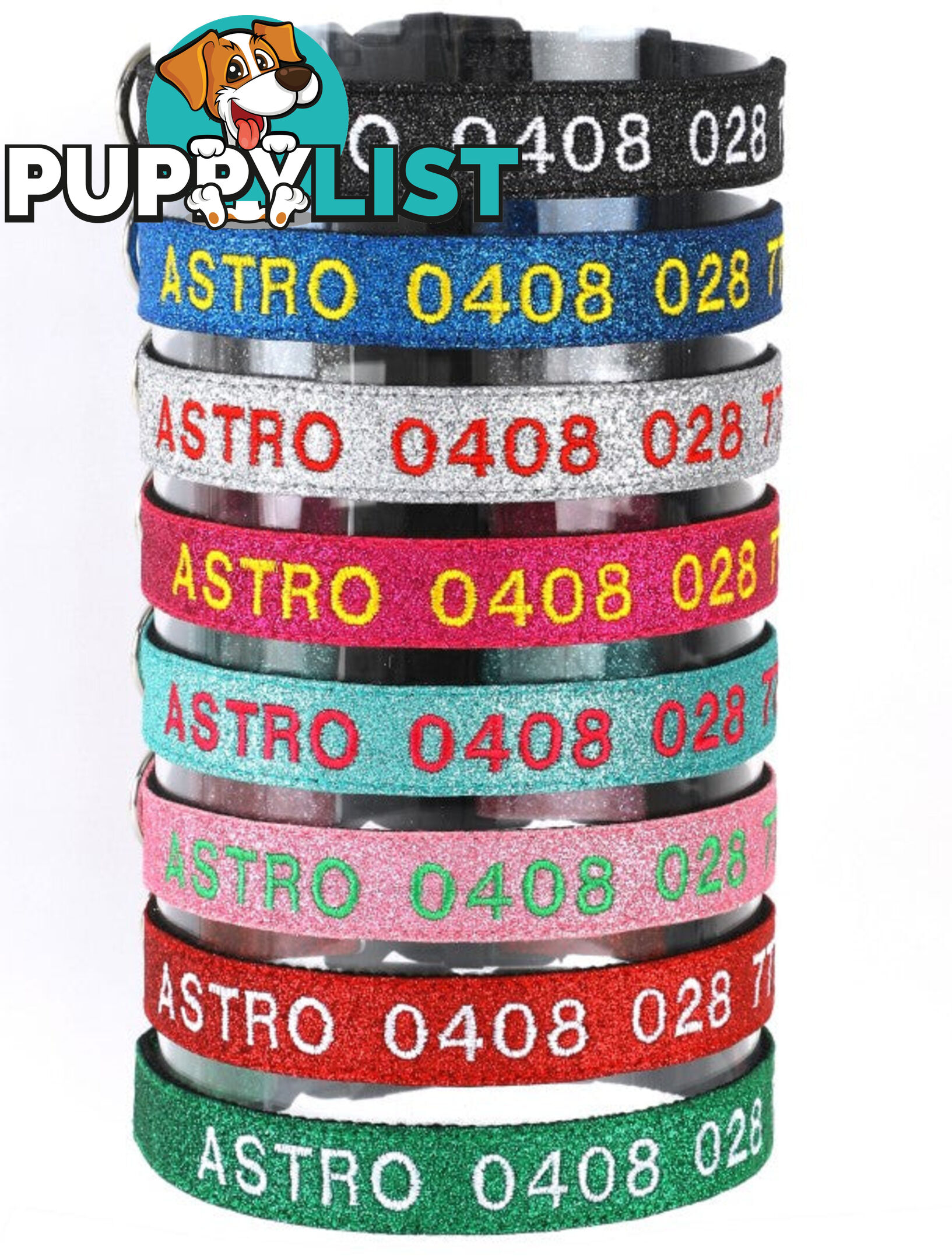 Doggie ID Collar - Bling Glitter Overlay Nylon Collar, Embroidered Personised Custom. - GC-DIC-BLING-L-SLV