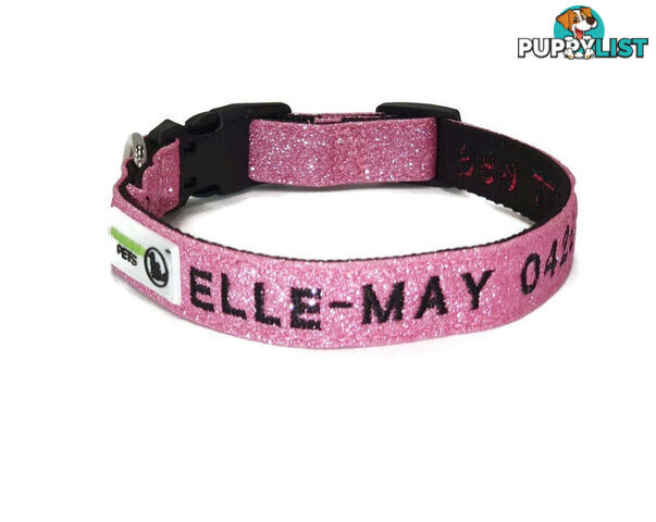 Doggie ID Collar - Bling Glitter Overlay Nylon Collar, Embroidered Personised Custom. - GC-DIC-BLING-L-SLV