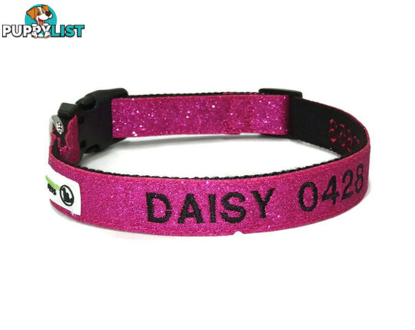 Doggie ID Collar - Bling Glitter Overlay Nylon Collar, Embroidered Personised Custom. - GC-DIC-BLING-L-SLV