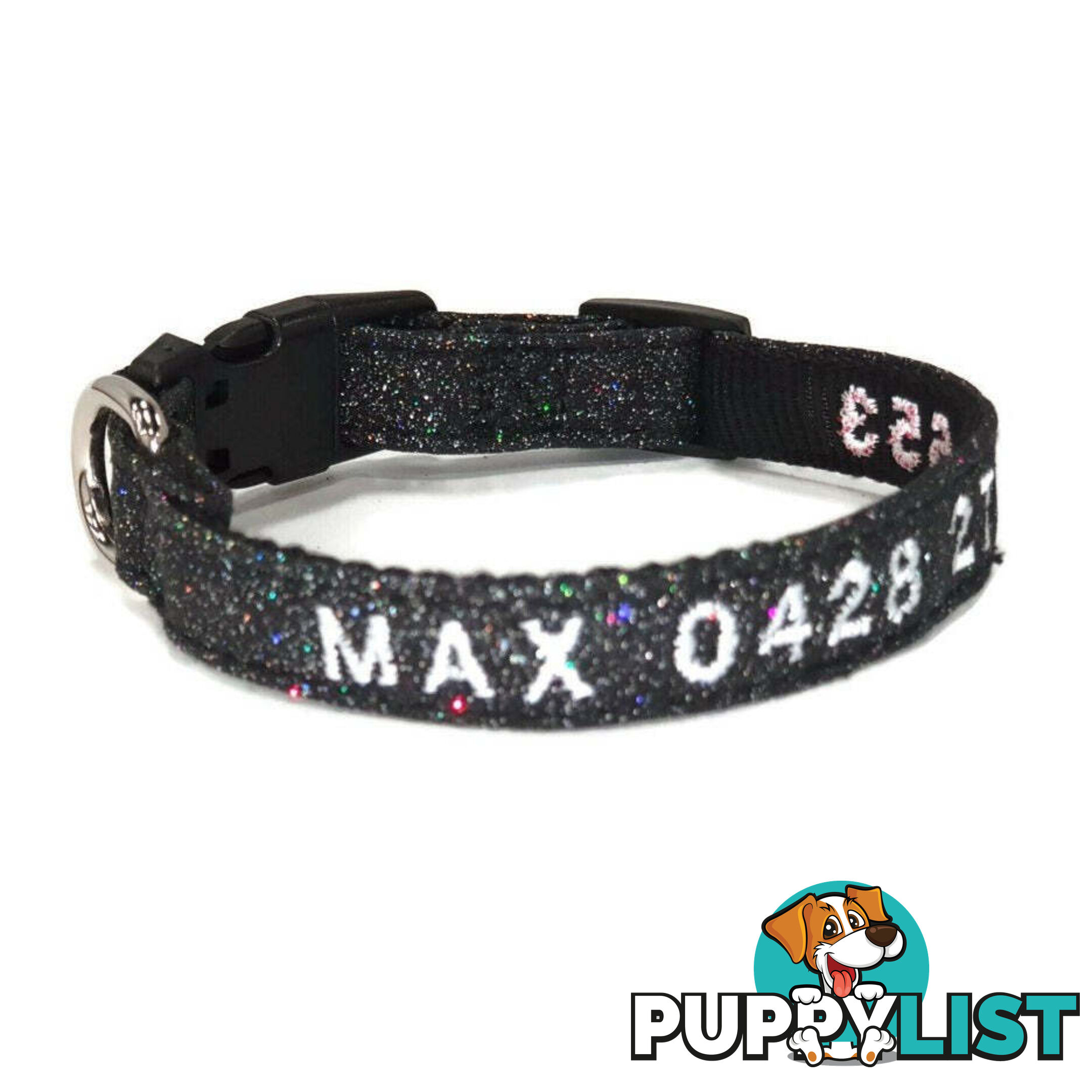 Doggie ID Collar - Bling Glitter Overlay Nylon Collar, Embroidered Personised Custom. - GC-DIC-BLING-L-SLV