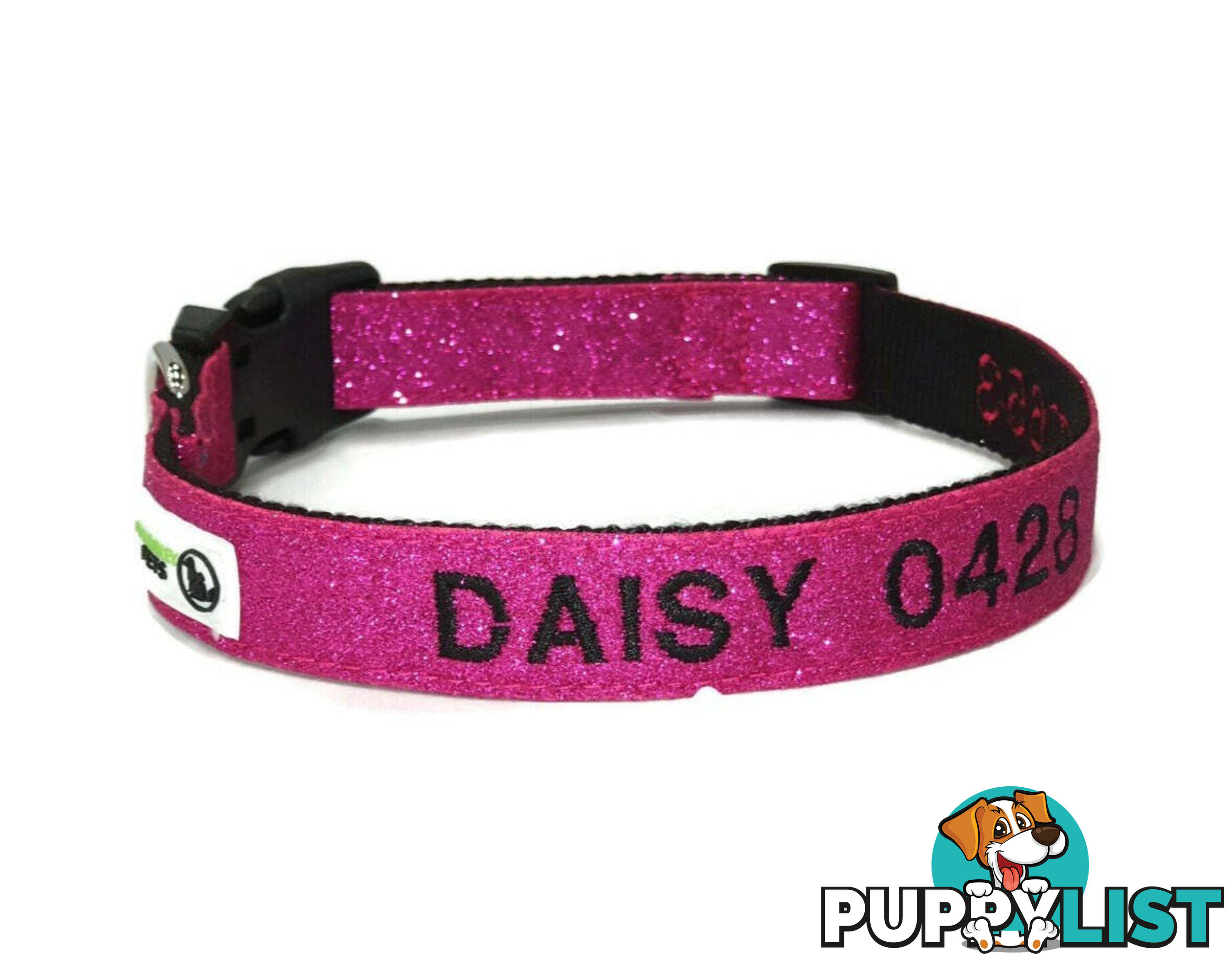 Doggie ID Collar - Bling Glitter Overlay Nylon Collar, Embroidered Personised Custom. - GC-DIC-BLING-S-SLV