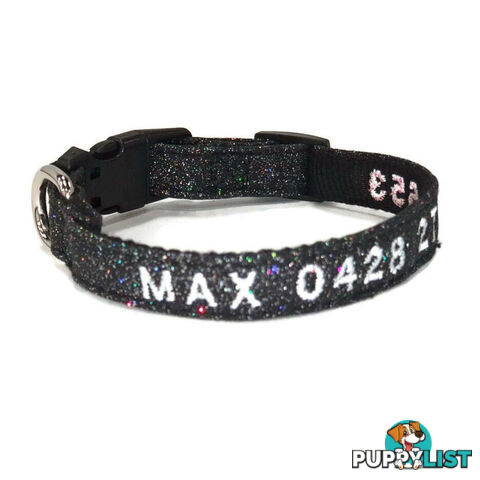 Doggie ID Collar - Bling Glitter Overlay Nylon Collar, Embroidered Personised Custom. - GC-DIC-BLING-S-SLV